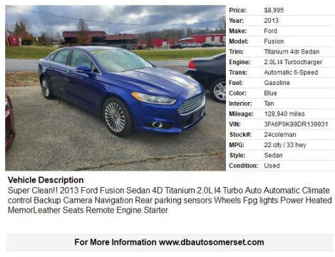 2013 Ford Fusion for sale at D & B AUTO SALES in Somerset PA