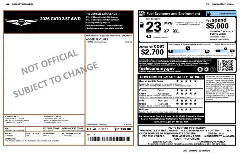 2026 Genesis GV70 2.5T Standard