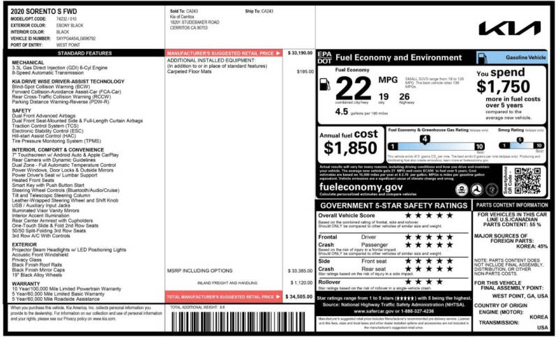 2020 Kia Sorento S V6