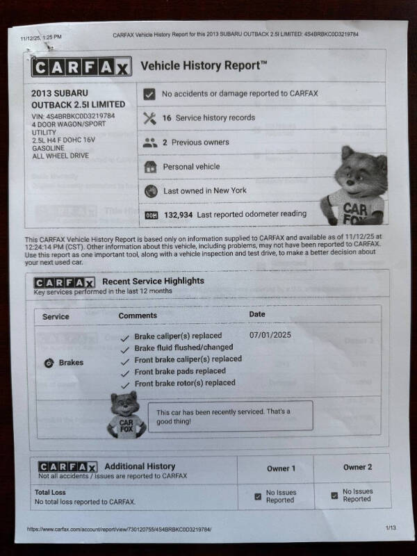 2013 Subaru Outback 2.5i Limited