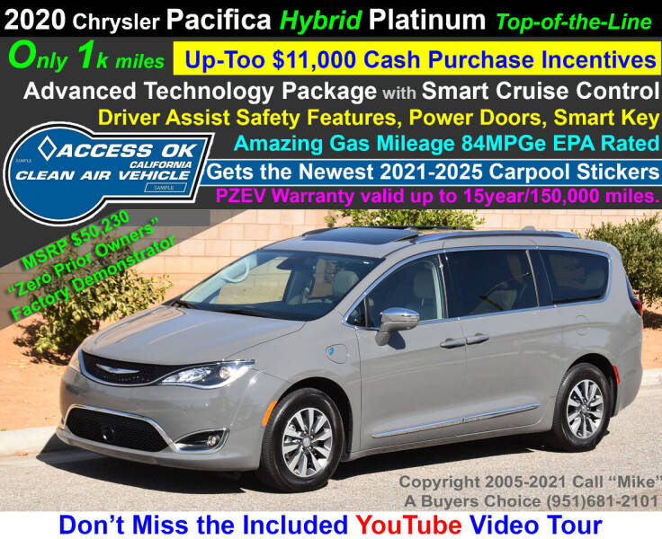 2020 Chrysler Pacifica Hybrid for sale at A Buyers Choice in Jurupa Valley CA