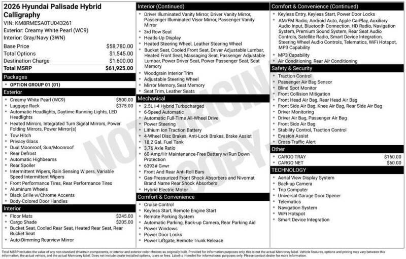 2026 Hyundai PALISADE Hybrid Calligraphy