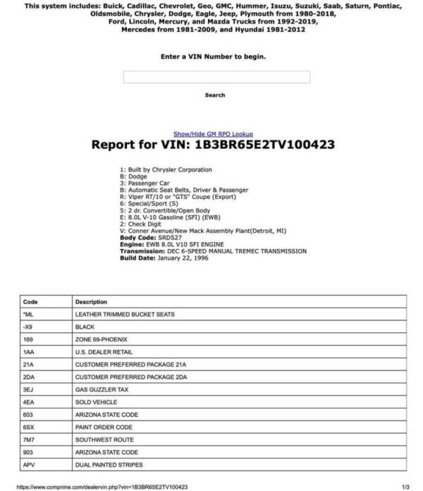 1996 Dodge Viper RT/10