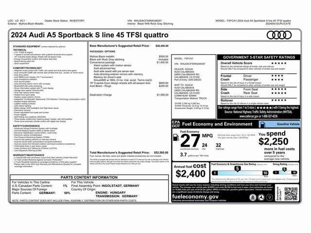 2024 Audi A5 Sportback quattro S line Premium 45 TFSI
