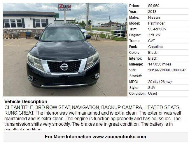 2013 Nissan Pathfinder for sale at Zoom Auto Sales in Oklahoma City OK