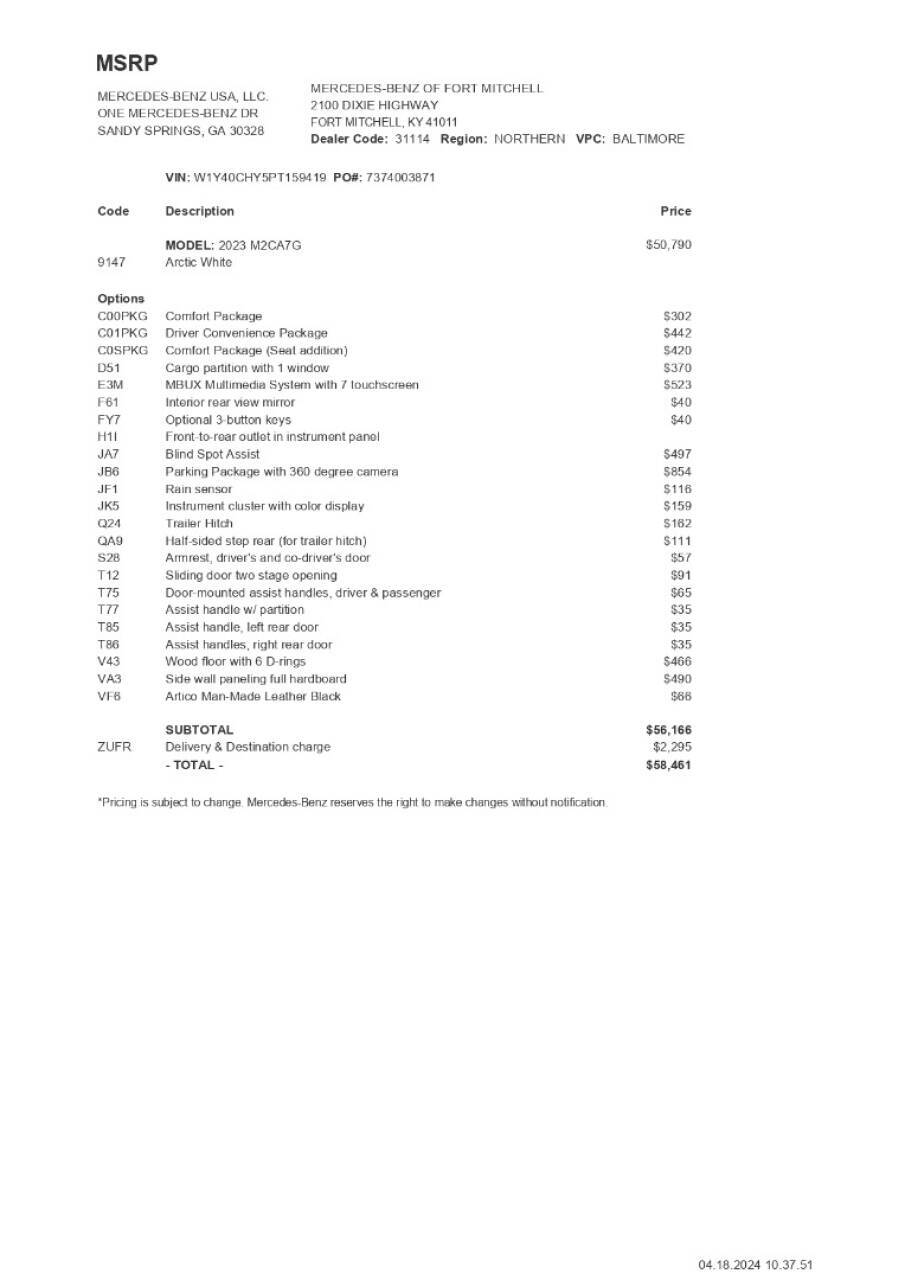 2023 Mercedes-Benz Sprinter for sale at New Sprinter Vans in Fort Mitchell, KY