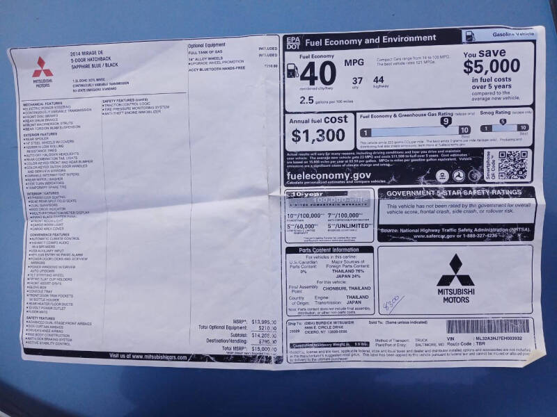 2014 Mitsubishi Mirage DE