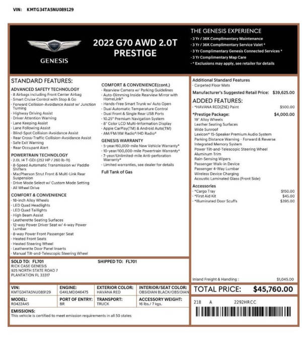 2022 Genesis G70 2.0T