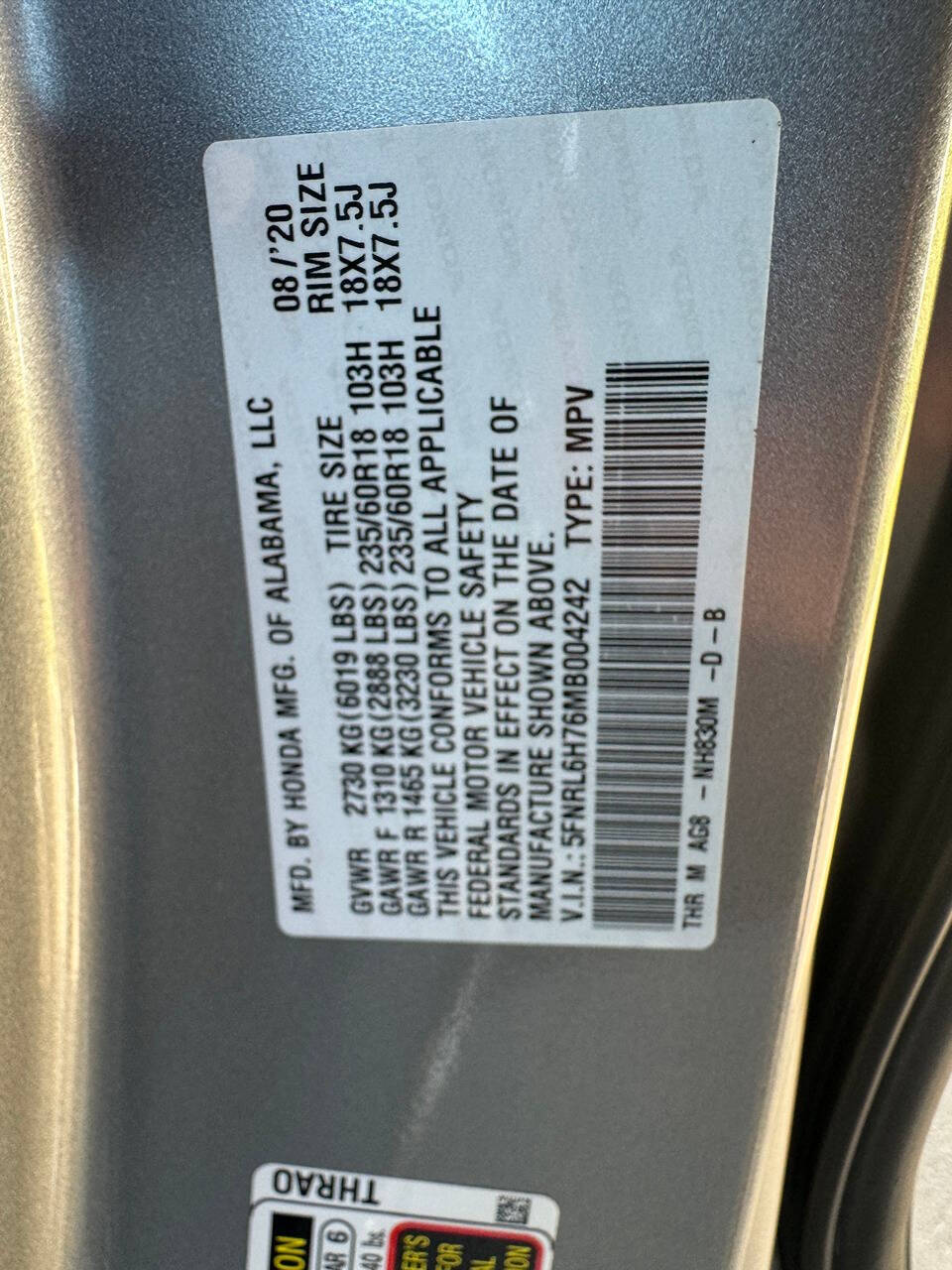 2021 Honda Odyssey for sale at VLD HOLDING INC. in Brooklyn, NY