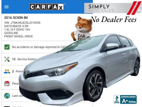 2016 Scion iM for sale at Simply Auto Sales in Palm Beach Gardens FL