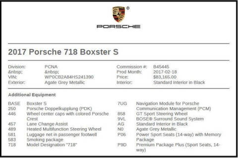 2017 Porsche 718 Boxster S