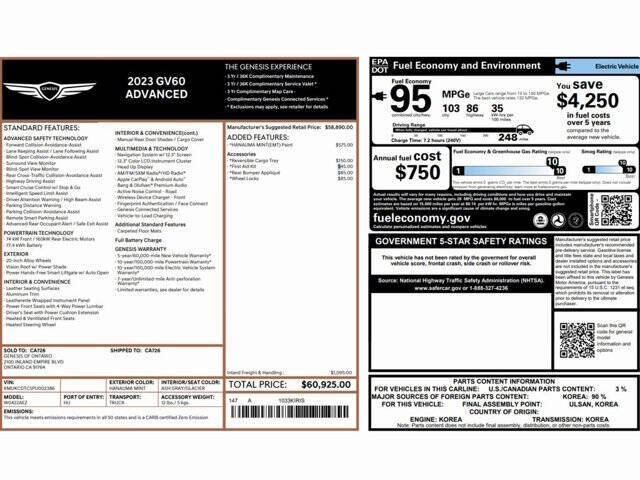 Used 2023 GENESIS GV60 Advanced with VIN KMUKCDTC5PU002386 for sale in Conshohocken, PA