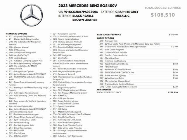 Used 2023 Mercedes-Benz EQS Base with VIN W1KCG2DB7PA033006 for sale in Conshohocken, PA