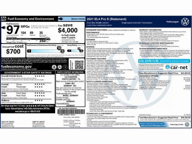 Used 2021 Volkswagen ID.4 PRO S with VIN WVGTMPE21MP065646 for sale in Conshohocken, PA