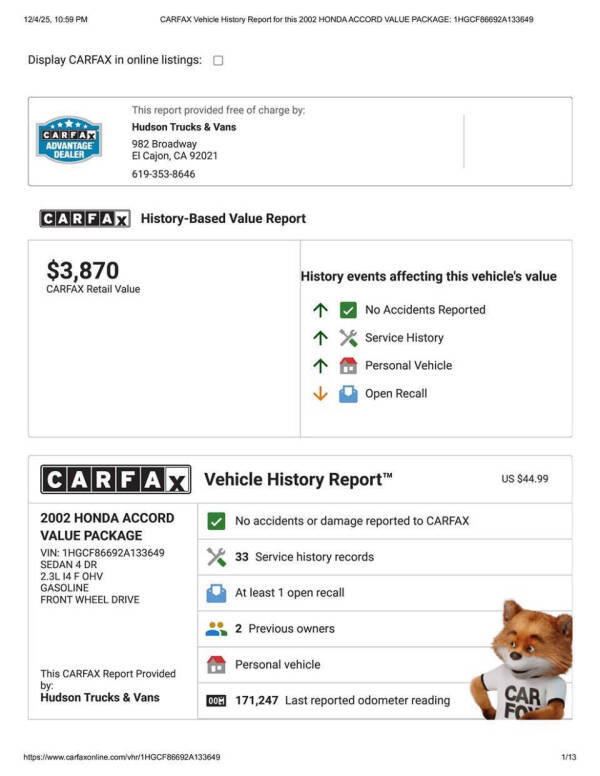 2002 Honda Accord Value Package